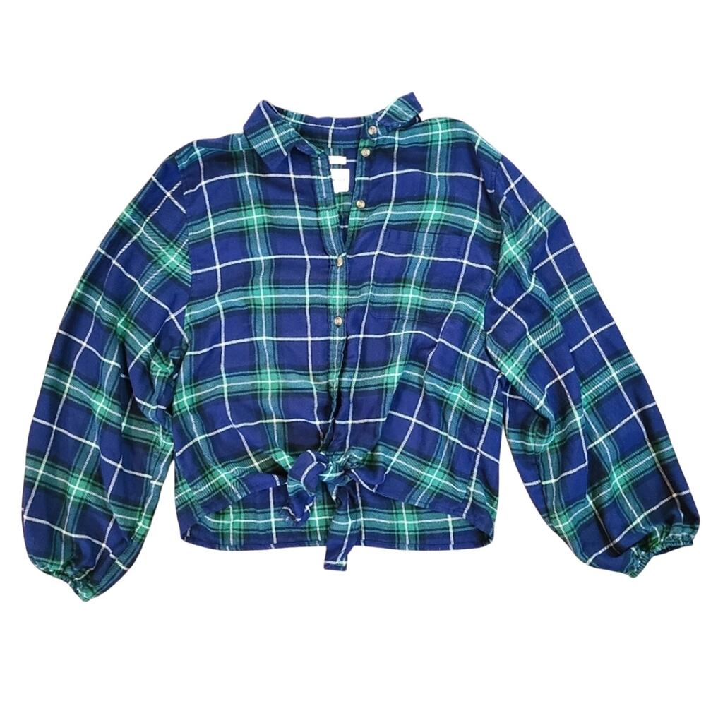 American‎ Eagle Flannel Tie Front Shirt Womens M Soft Bell Sleeve Crop Cabincore